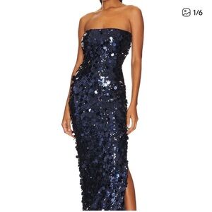 Navy Strapless Sequin Midi Dress